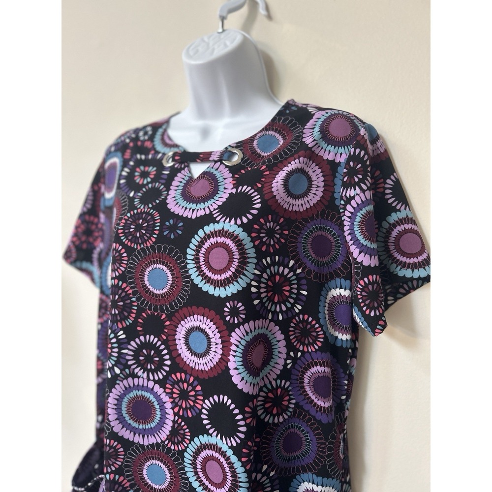 Strictly Scrubs Stretch Scrub Top Med Geometric multi embellishment Black purple